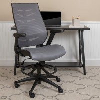 Flash Furniture BL-ZP-809D-DKGY-GG High Back Dark Gray Mesh Spine-Back Ergonomic Drafting Chair with Adjustable Foot Ring and Adjustable Flip-Up Arms